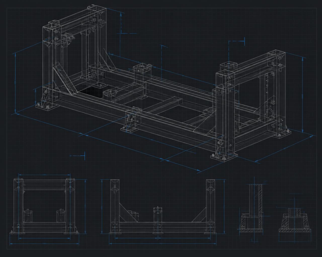 Wizualizacja techniczna: model 3D ramy maszyny z rzutami i liniami wymiarowymi