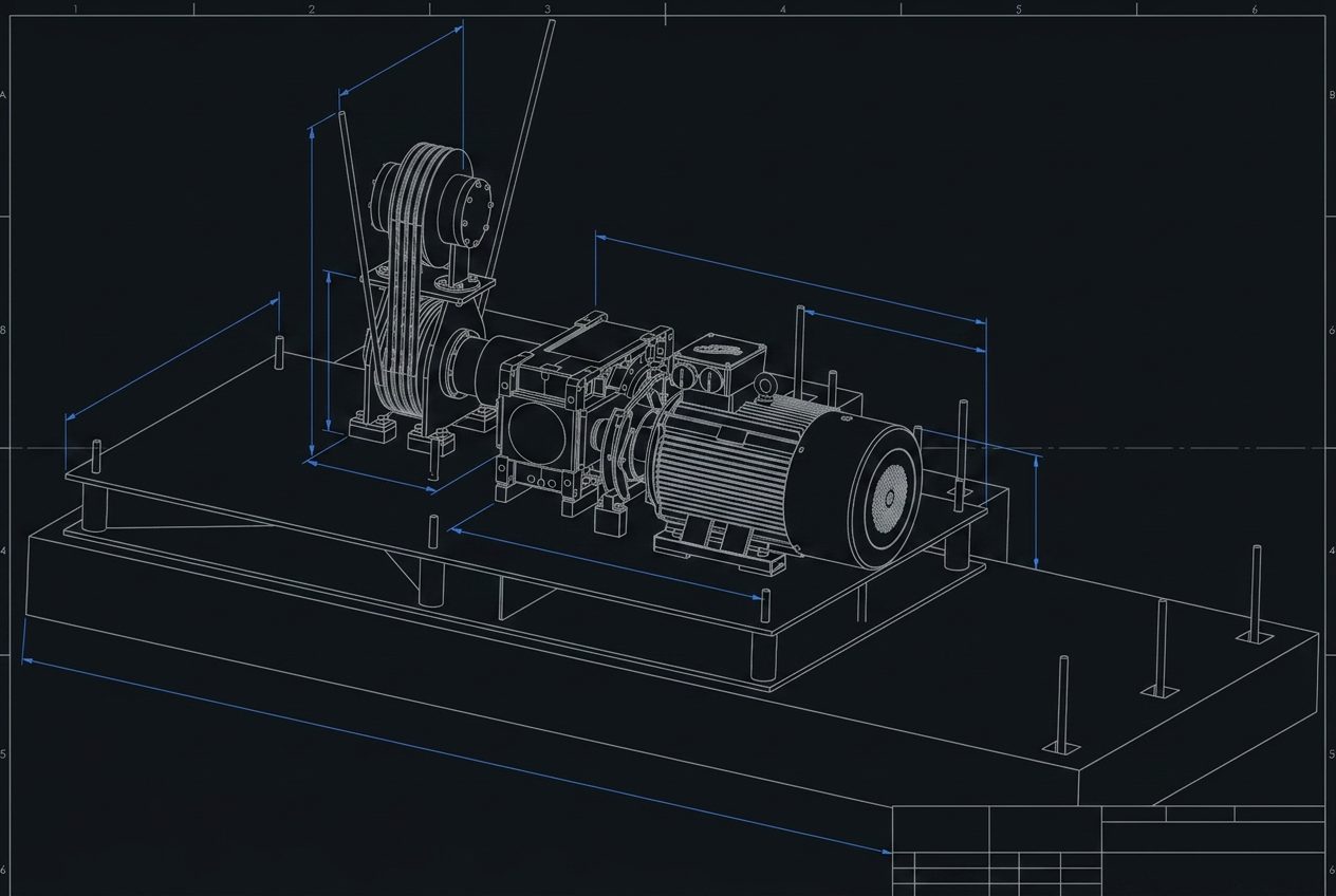 Model 3D zespołu napędowego: silnik elektryczny, przekładnia, przekładnia pasowa i bęben na ramie posadowionej na fundamencie